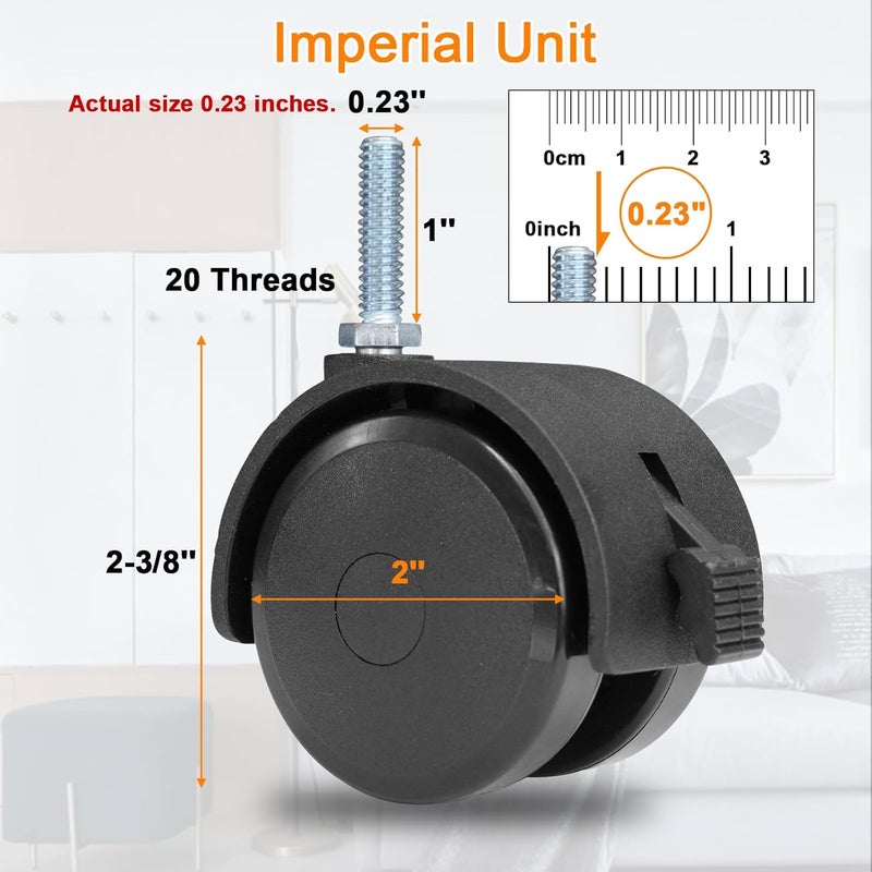 AAGUT 2" Swivel Stem Casters with Locking Brake Threaded 1/4" - 20 x 1 for Furniture and Shelves, Black Replacement Castors, Pack of 4 - Image 2