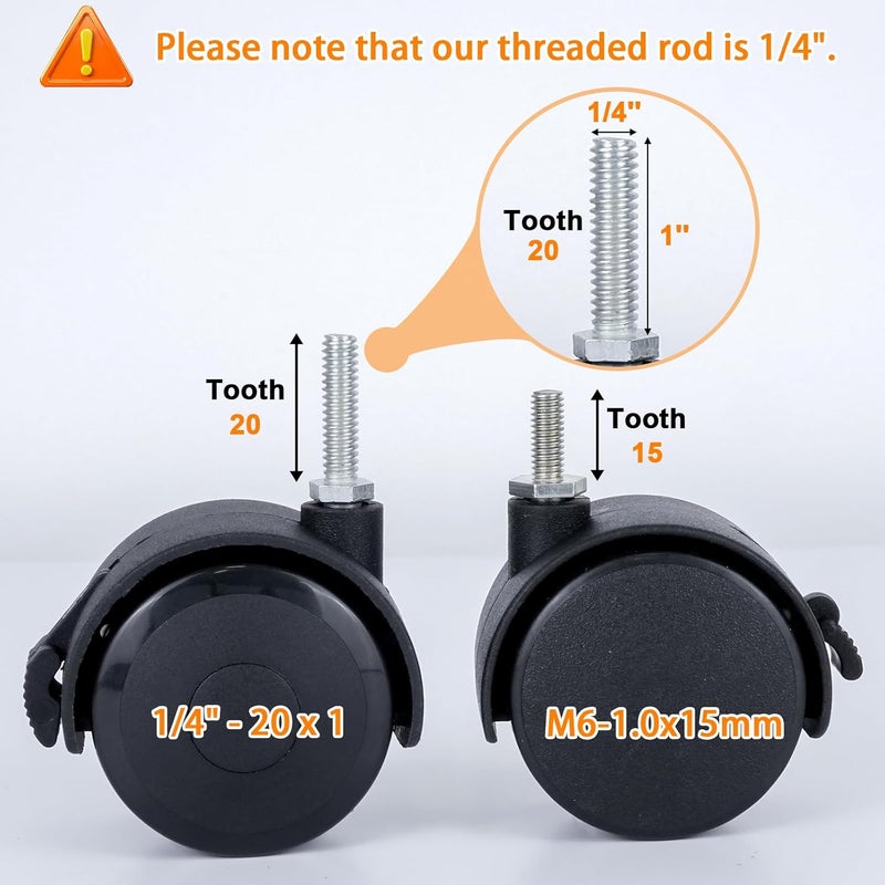 AAGUT 2" Swivel Stem Casters with Locking Brake Threaded 1/4" - 20 x 1 for Furniture and Shelves, Black Replacement Castors, Pack of 4 - Image 3