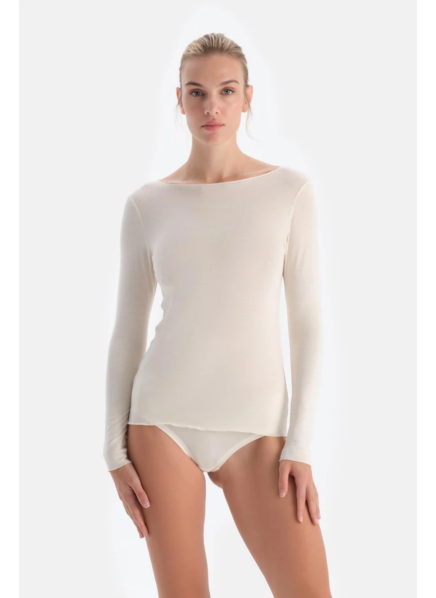 dagi Ecru 5117KC Modal Cashmere Boat Neck Long Sleeve Top