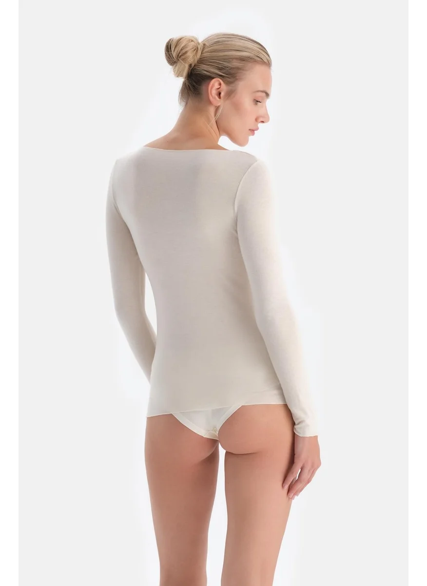 dagi Ecru 5117KC Modal Cashmere Boat Neck Long Sleeve Top