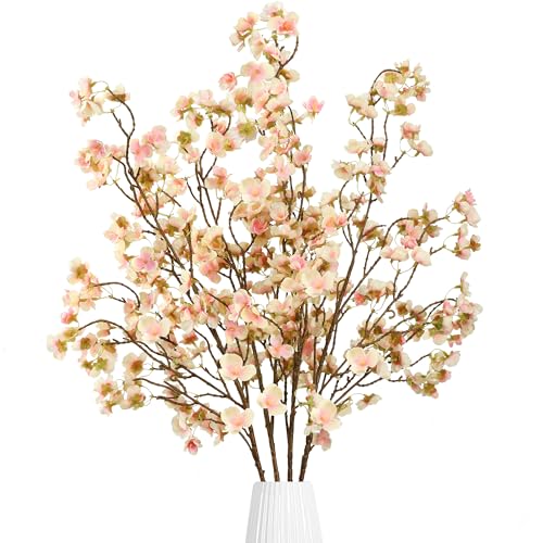 Sggvecsy Artificial Cherry Blossom Flowers 4 Pcs Faux Cherry Blossom Stems Faux Silk Cherry Blossom Branches 41 Fake Flowers Long Stems for Vase Arrangements Home Wedding Table Decor Champagne - Image 1