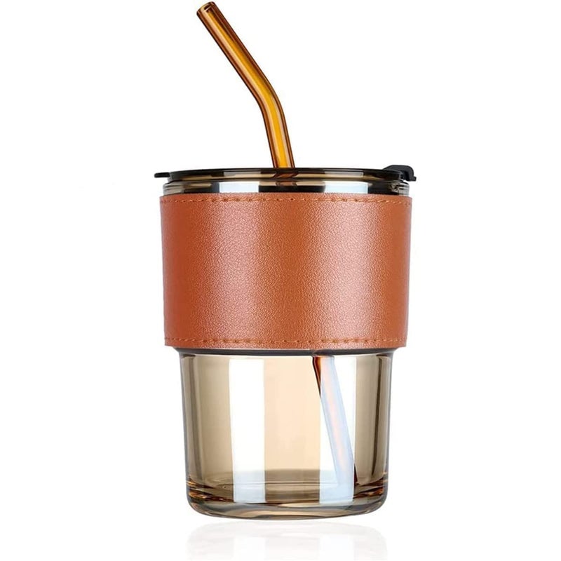 TINKDAS Leather Glass Sipper Tumbler Lid and Straw Coffee Tumbler Tea Coffee Mugs with Leather Sleeve Cup for Kids Milk Juice Hot and Cold Beverages for Water Drinking 400ML Brown - Image 1