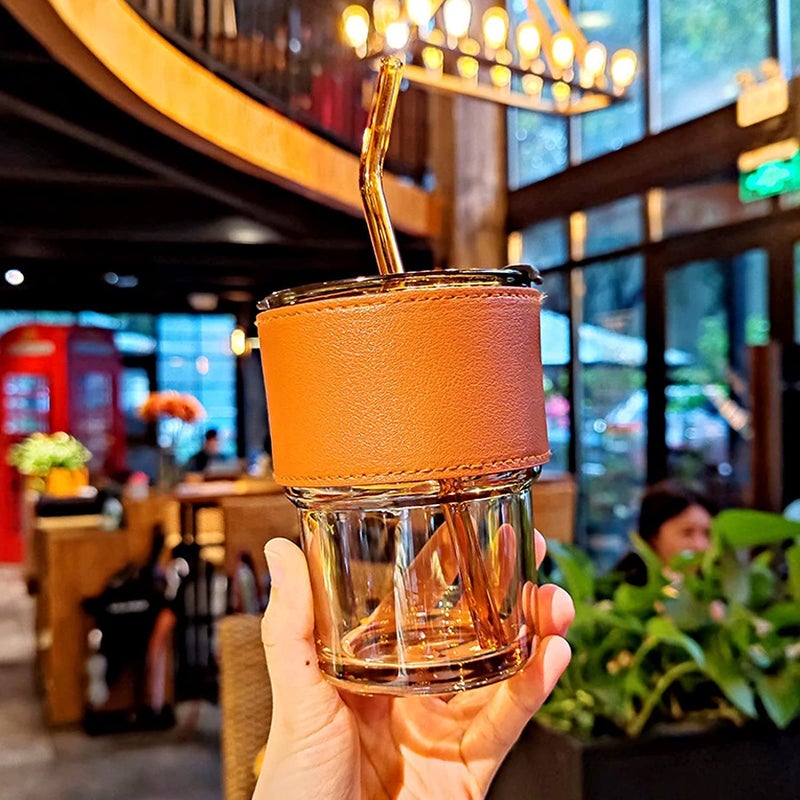 TINKDAS Leather Glass Sipper Tumbler Lid and Straw Coffee Tumbler Tea Coffee Mugs with Leather Sleeve Cup for Kids Milk Juice Hot and Cold Beverages for Water Drinking 400ML Brown - Image 4