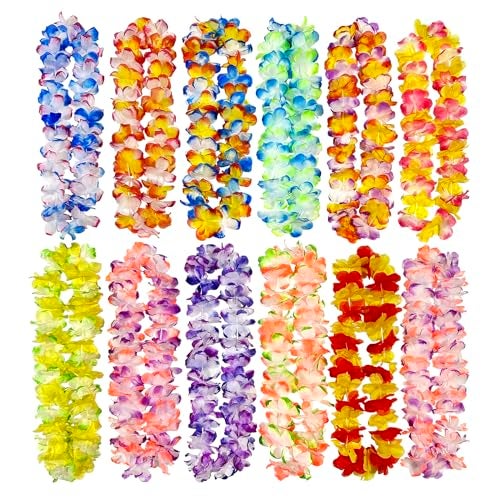 FreshDear 12 Counts Hawaiian Leis Bulk,leis for luau party,hawaiian leis for adults,beach party favors for adults,Summer Beach Vacation,Theme Party Decorations - Image 1