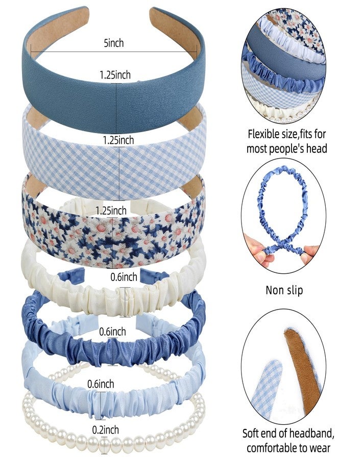 AIBFRID 7 PCS Fashion Headbands for Women Floral Vintage Wide Headband Cute Pearl Head Band Twisted Blue Hair Bands for Girls Hair Non Slip Hair Accessories (Blue) - Image 3