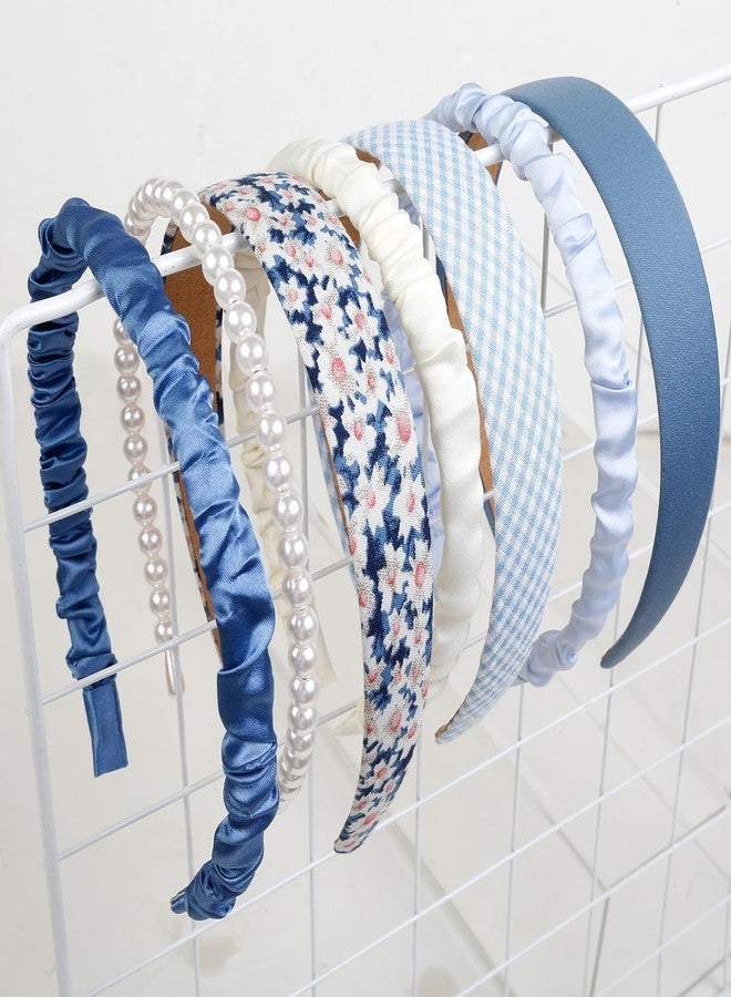 AIBFRID 7 PCS Fashion Headbands for Women Floral Vintage Wide Headband Cute Pearl Head Band Twisted Blue Hair Bands for Girls Hair Non Slip Hair Accessories (Blue) - Image 1