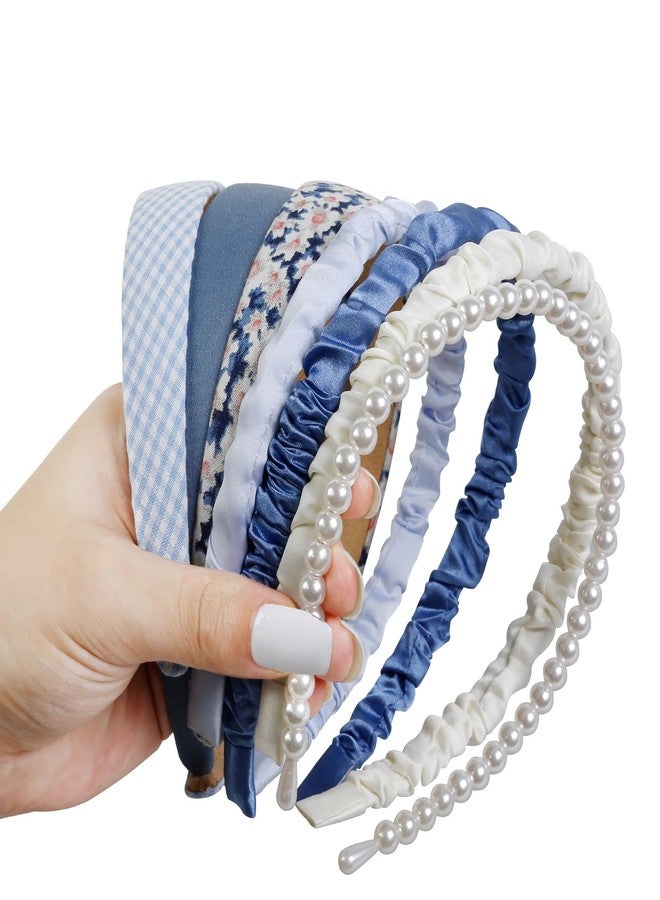 AIBFRID 7 PCS Fashion Headbands for Women Floral Vintage Wide Headband Cute Pearl Head Band Twisted Blue Hair Bands for Girls Hair Non Slip Hair Accessories (Blue) - Image 2