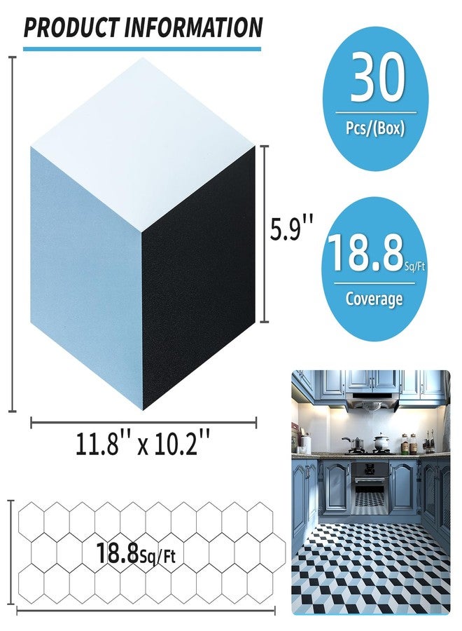 Art3d 30-Pack Hexagon Peel and Stick Flooring Tile, Self Adhesive Waterproof Vinyl Floor Tile for Kitchen Bathroom Living Room Bedroom, 11.8" x 10.2" Blue/Black/White - Image 4