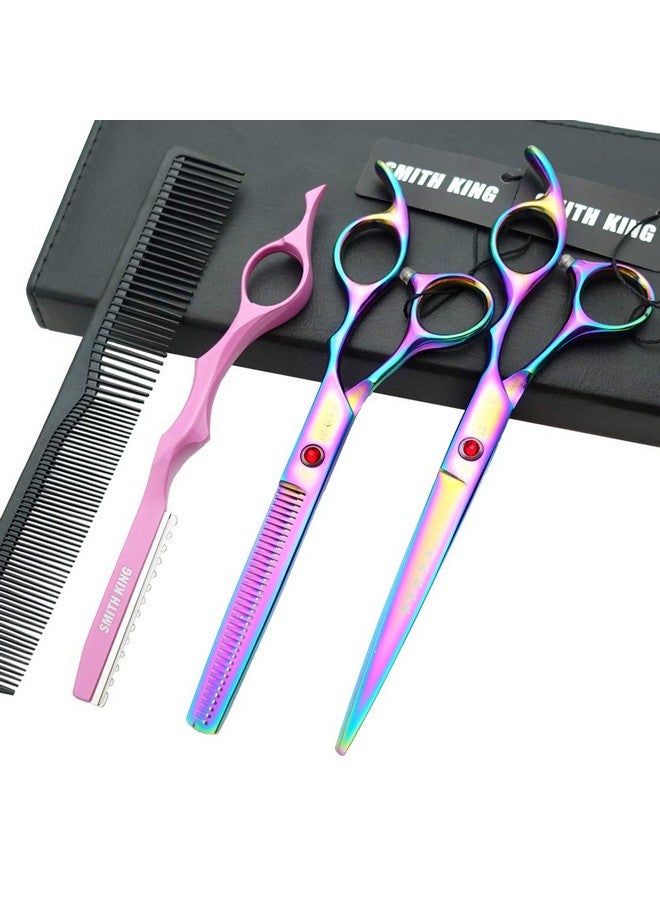 Smithking 7.0 Inches Professional hair cutting thinning scissors set with razor (Rainbow) - Image 1