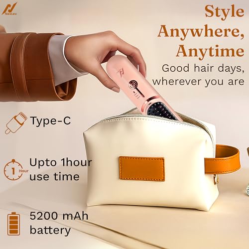 NexLev Ionic Cordless Hair Straightener Brush | 60min Runtime | upto 200° Heating | Portable & Type C Rechargeable | Keratin Bristles |Straight, Frizz Free & Shiny Hair | Compact Comb Design | HSB-04 - Image 2