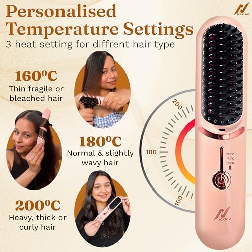 NexLev Ionic Cordless Hair Straightener Brush | 60min Runtime | upto 200° Heating | Portable & Type C Rechargeable | Keratin Bristles |Straight, Frizz Free & Shiny Hair | Compact Comb Design | HSB-04 - Image 3