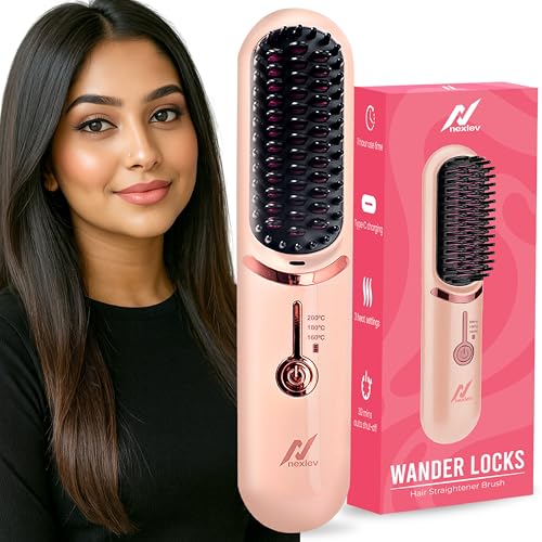 NexLev Ionic Cordless Hair Straightener Brush | 60min Runtime | upto 200° Heating | Portable & Type C Rechargeable | Keratin Bristles |Straight, Frizz Free & Shiny Hair | Compact Comb Design | HSB-04 - Image 1