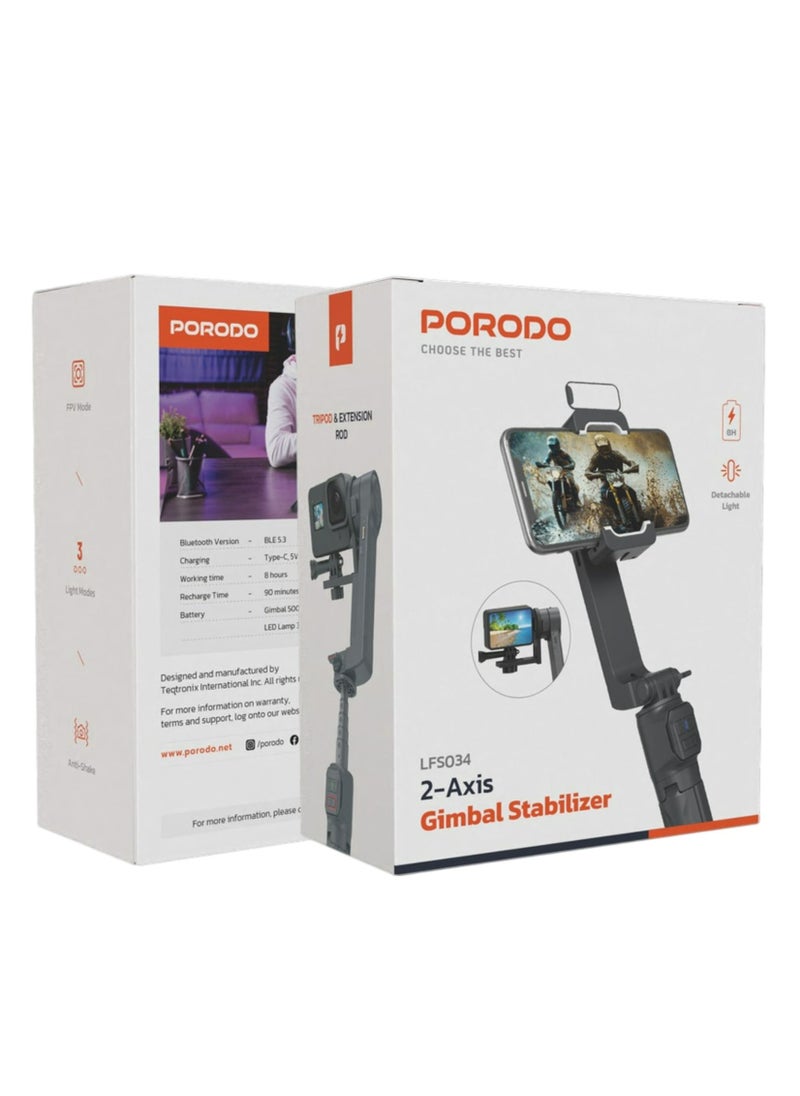 porodo - 2-Axis Gimbal Stablizer, Light Modes, FPV Mode, Anti-Shake - Black - Image 1
