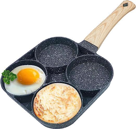 4-Hole Non-Stick Egg Frying Pan with Detachable Wooden Handle | Multi-Purpose Pan for Omelets, Burgers, Poached Eggs, Breakfast Cooking  - Image 1