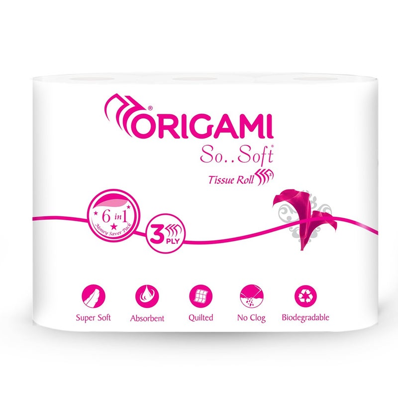 Origami Toilet Roll pack of 6, 140 Pulls each 3 ply (Total 6 Rolls, 840 Sheets) - Image 1