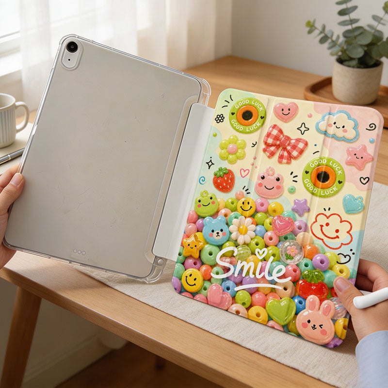 Tablet Case for iPad, Smile Flower Bead Phone Collage, iPad Protective Case for Mini Air Pro 4 5 6 7 8 9 10 11 12, for 7.9 8.3 9.7 10.2 10.5 10.9 11 12.9 13 inch Clear Acrylic Shockproof Cover with Stand - Image 3