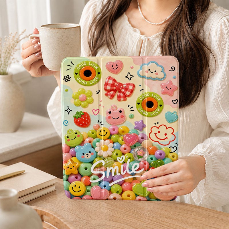 Tablet Case for iPad, Smile Flower Bead Phone Collage, iPad Protective Case for Mini Air Pro 4 5 6 7 8 9 10 11 12, for 7.9 8.3 9.7 10.2 10.5 10.9 11 12.9 13 inch Clear Acrylic Shockproof Cover with Stand - Image 1