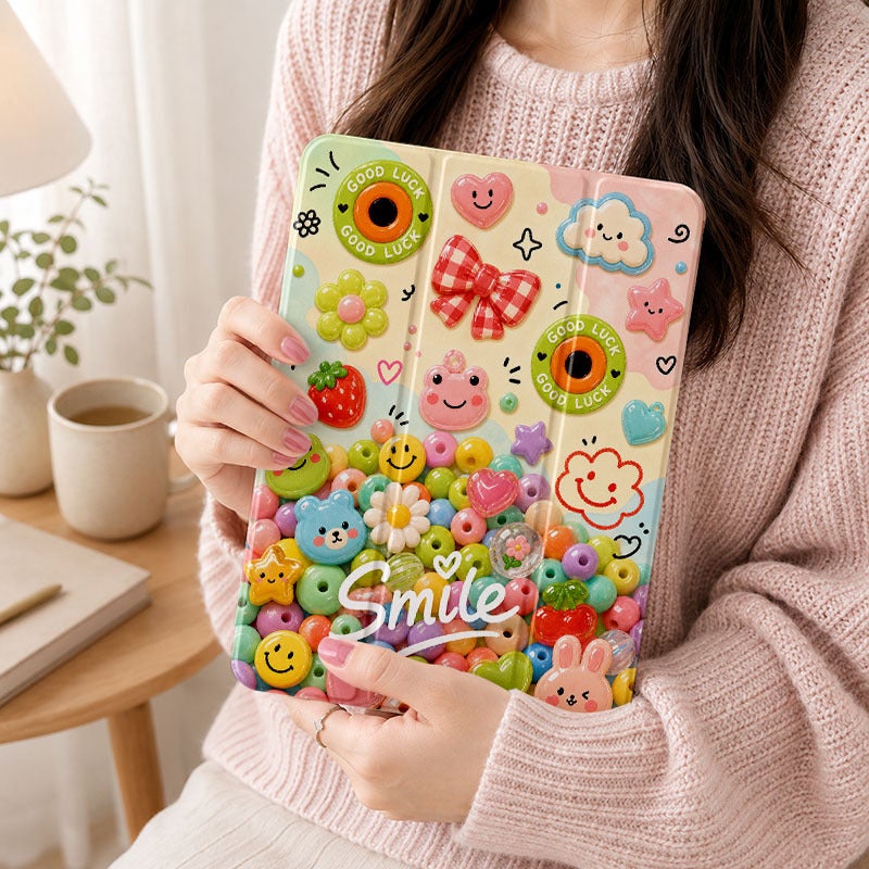 Tablet Case for iPad, Smile Flower Bead Phone Collage, iPad Protective Case for Mini Air Pro 4 5 6 7 8 9 10 11 12, for 7.9 8.3 9.7 10.2 10.5 10.9 11 12.9 13 inch Clear Acrylic Shockproof Cover with Stand - Image 5