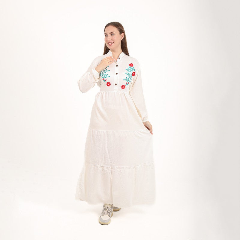 BEBO Women's long dress with embroidery on the chest and long sleeves, one size fits most (approximately 60-85 kg)_White - Image 4