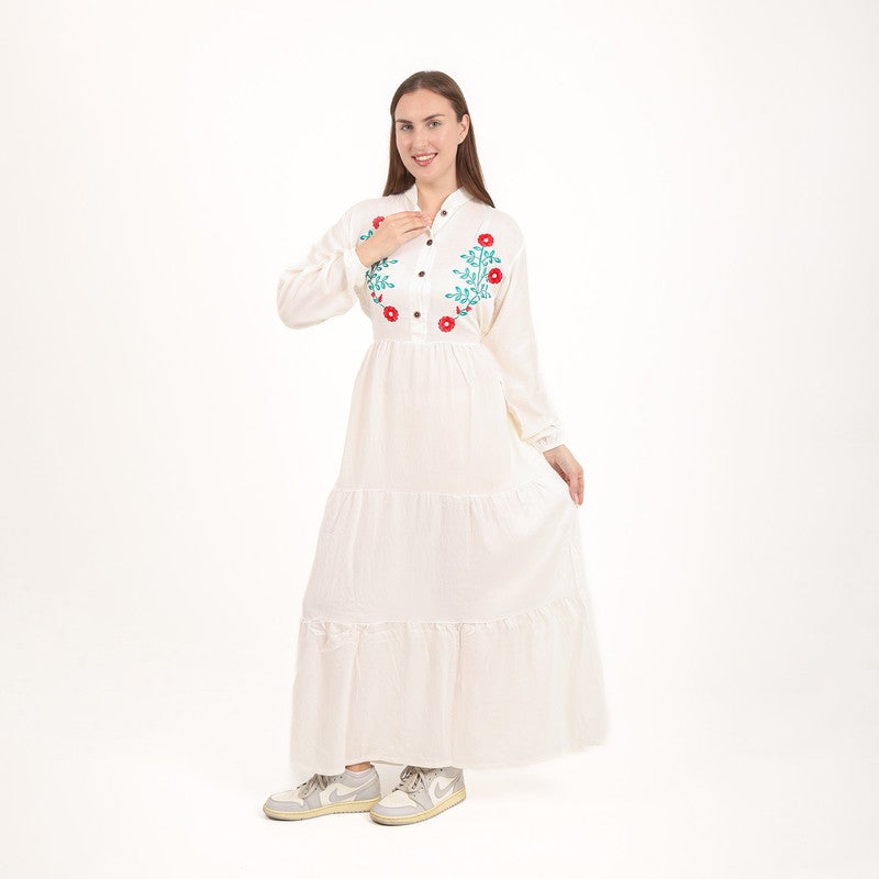 BEBO Women's long dress with embroidery on the chest and long sleeves, one size fits most (approximately 60-85 kg)_White - Image 1