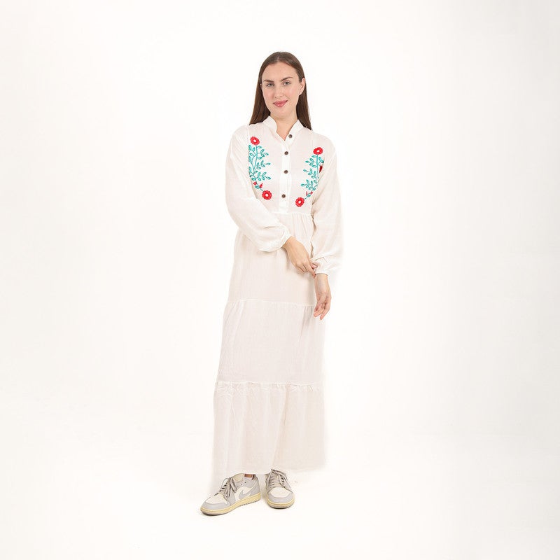 BEBO Women's long dress with embroidery on the chest and long sleeves, one size fits most (approximately 60-85 kg)_White - Image 3