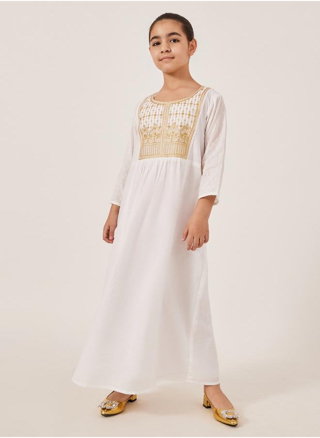 Styli Embroidered Yoke Round Neck Maxi Dress  - Image 1