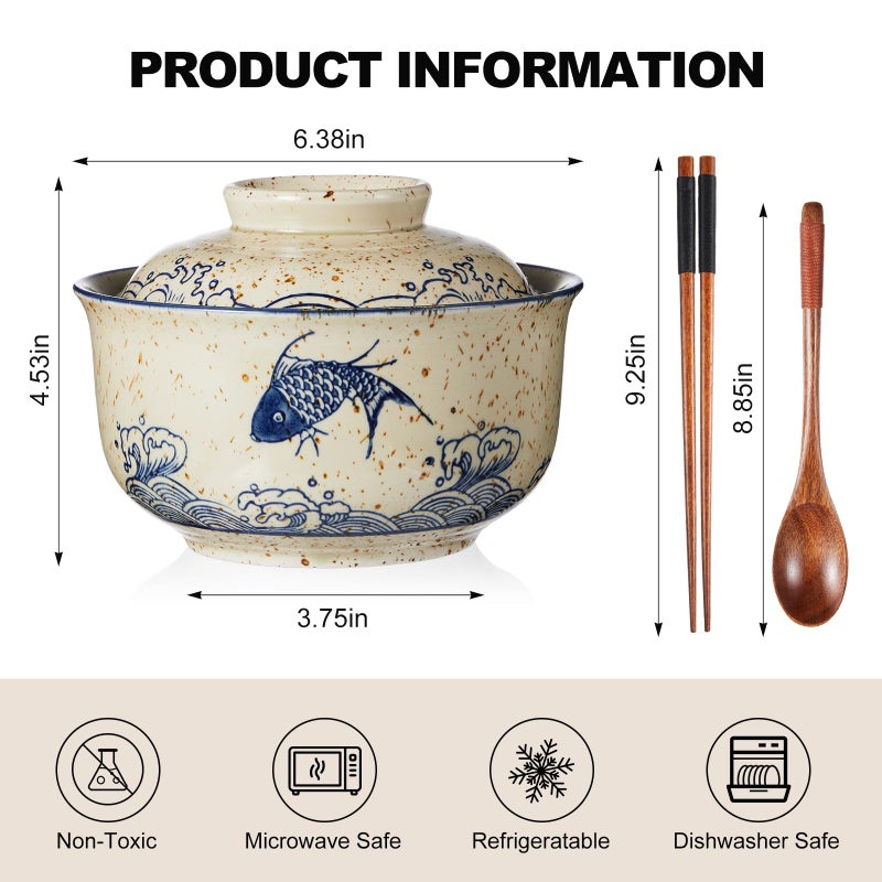 LemonRoad 4 Pack 25oz Ceramic Ramen Bowl with Lid Microwavable with Chopsticks and Spoon Japanese Korean Soup Bowl Clay Pot Dinnerware for Noodle Rice Porridge - Image 2