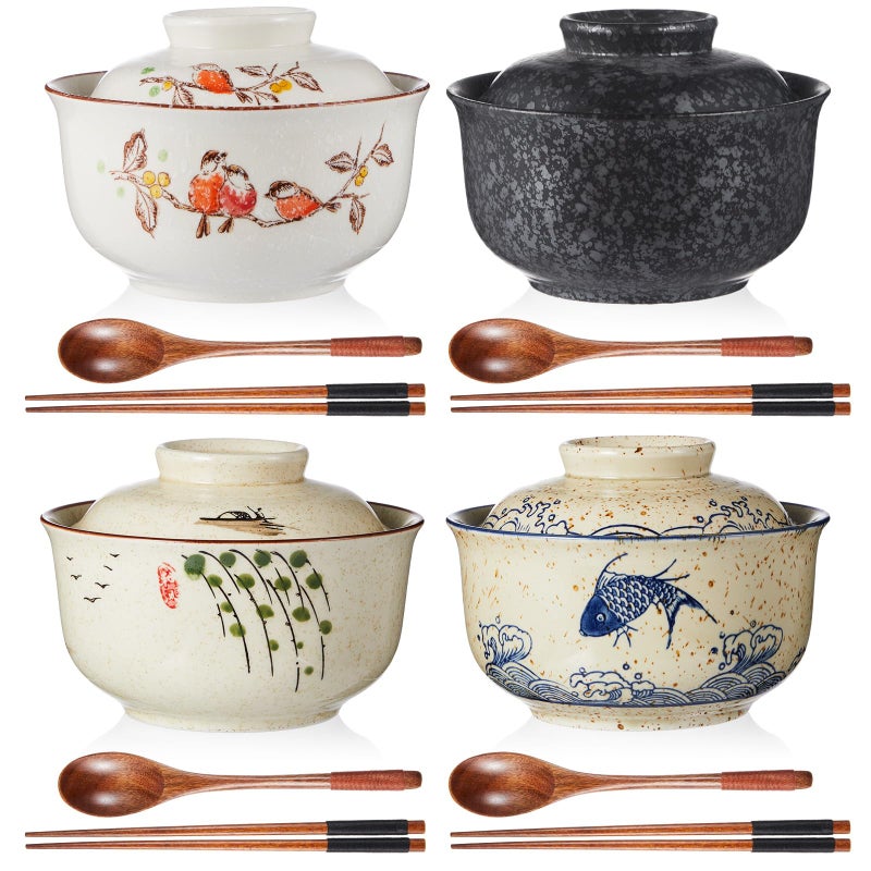 LemonRoad 4 Pack 25oz Ceramic Ramen Bowl with Lid Microwavable with Chopsticks and Spoon Japanese Korean Soup Bowl Clay Pot Dinnerware for Noodle Rice Porridge - Image 1