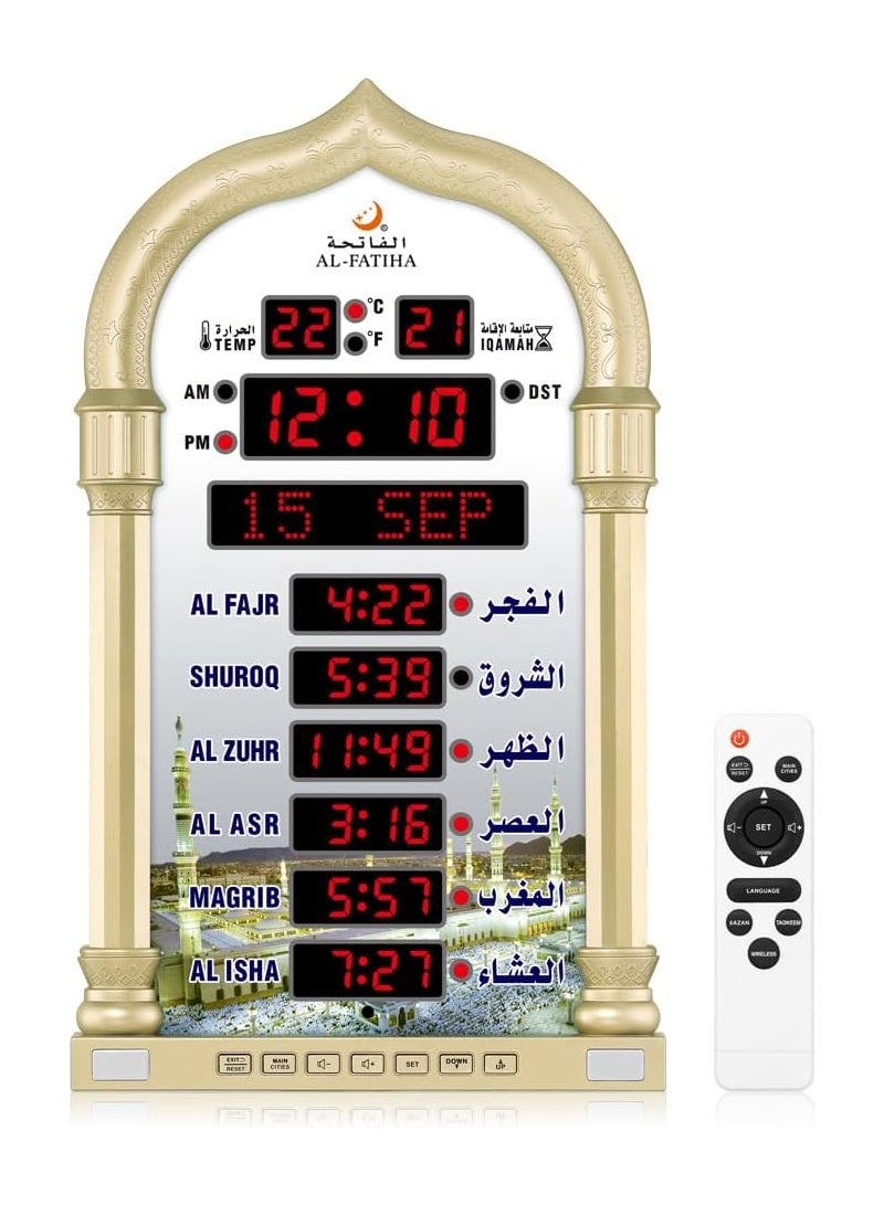 AL-FATIHA Multi-Language Azan Wall Clock with LED Digital Display, Wireless Speaker and 8 Athan Sounds for Mosque and Islamic Prayer (Gold) - Image 2