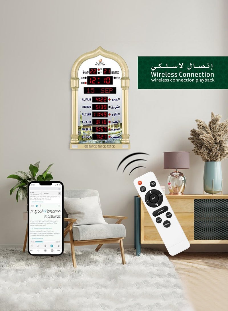 AL-FATIHA Multi-Language Azan Wall Clock with LED Digital Display, Wireless Speaker and 8 Athan Sounds for Mosque and Islamic Prayer (Gold) - Image 3