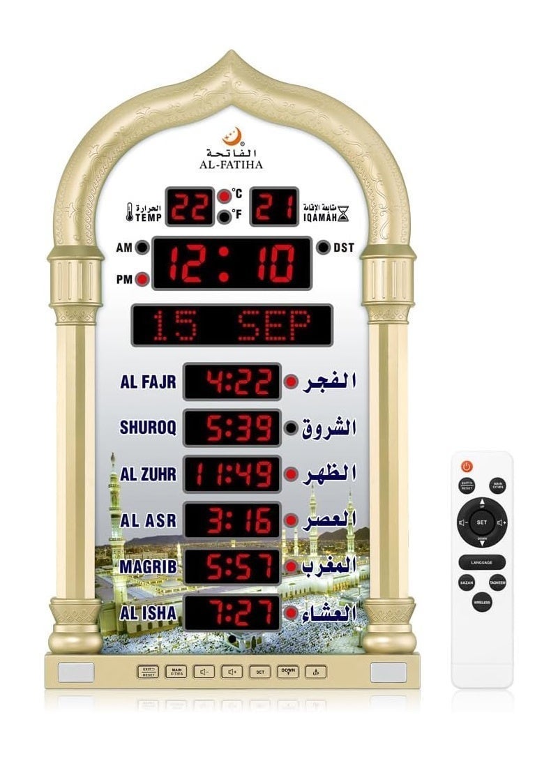 AL-FATIHA Multi-Language Azan Wall Clock with LED Digital Display, Wireless Speaker and 8 Athan Sounds for Mosque and Islamic Prayer (Gold) - Image 4