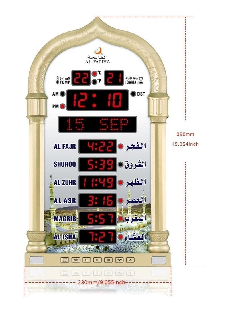 AL-FATIHA Multi-Language Azan Wall Clock with LED Digital Display, Wireless Speaker and 8 Athan Sounds for Mosque and Islamic Prayer (Gold) - Image 2