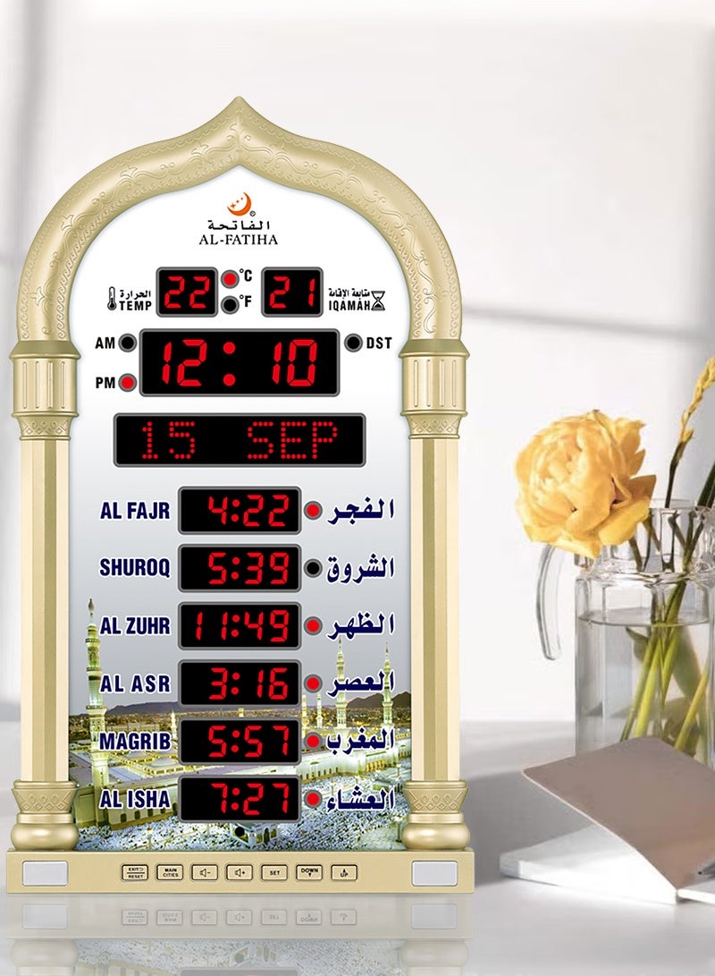 AL-FATIHA Multi-Language Azan Wall Clock with LED Digital Display, Wireless Speaker and 8 Athan Sounds for Mosque and Islamic Prayer (Gold) - Image 1