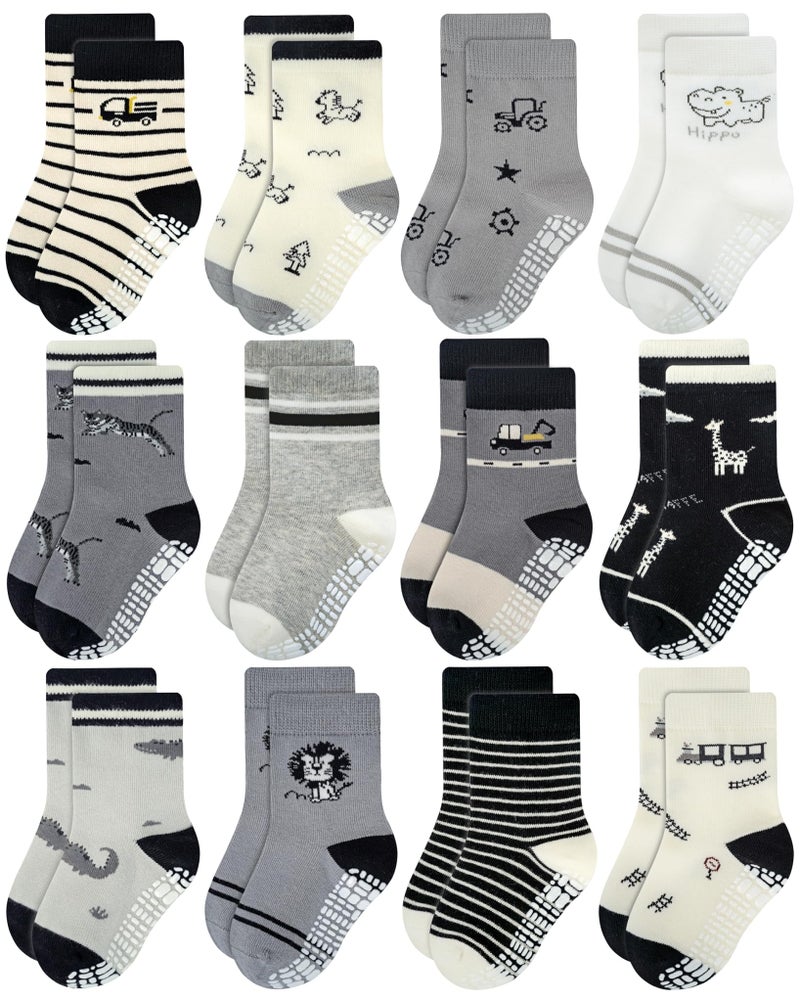 RATIVE Cotton Non Skid Anti Slip Crew Socks With Grips for Baby Infant Toddler Boys Girls (6-12 Months, 12-pairs/245X) - Image 1