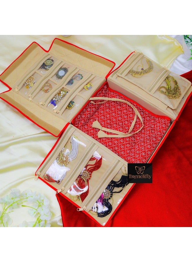 Trendifly silk Lucknowi Jewellery Organiser Box for women Necklace organizer pouches Travel Makeup Cosmetic Earrings Jewelry Storage box for Bridal Gifting (Red) - Image 4