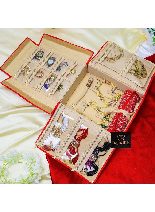 Trendifly silk Lucknowi Jewellery Organiser Box for women Necklace organizer pouches Travel Makeup Cosmetic Earrings Jewelry Storage box for Bridal Gifting (Red) - Image 3