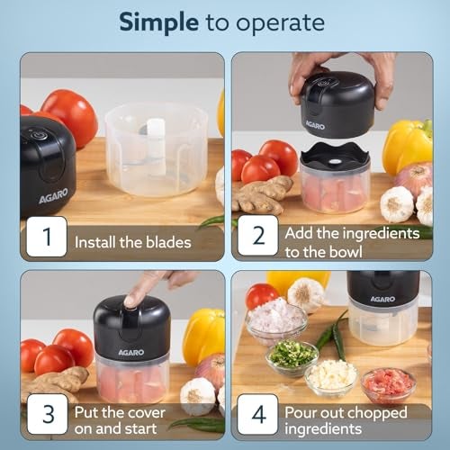 AGARO Elite Rechargeable Mini Electric Chopper, Food Grade Bowl, Stainless Steel Blades, Rechargeable, One Touch Operation, for Chopping Garlic, Ginger, Onion, Vegetable, Nuts, 250 Ml, Black - Image 4