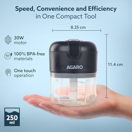 AGARO Elite Rechargeable Mini Electric Chopper, Food Grade Bowl, Stainless Steel Blades, Rechargeable, One Touch Operation, for Chopping Garlic, Ginger, Onion, Vegetable, Nuts, 250 Ml, Black - Image 2