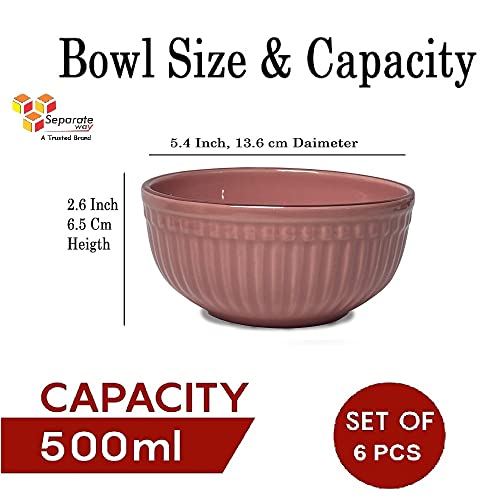 SEPARATE WAY Ceramic Soup Bowls, Cereal Bowl, Dishwasher & Microwave Safe/Serving Bowls For Kitchen (Pink, Set Of 6), 500 ML - Image 3