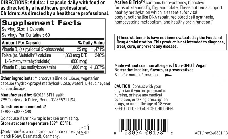 Klaire Labs SFI Health Active B Trio  Methylated Vitamin B Complex with B6 B12  Folate  Bioactive Vitamins for Enhanced Absorption  Promote Healthy Energy  Cognition 60 Capsules - Image 5