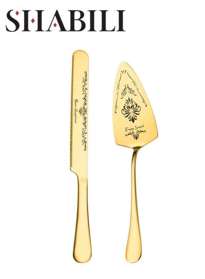 SHABILI 2Pcs Wedding Cake Knife and Server Set, Premium Cake Cutter includes Cake Knife and Pie Server, Stainless Steel Cake Cutting Set for Wedding, Birthday, Anniversary, Gold - Image 1