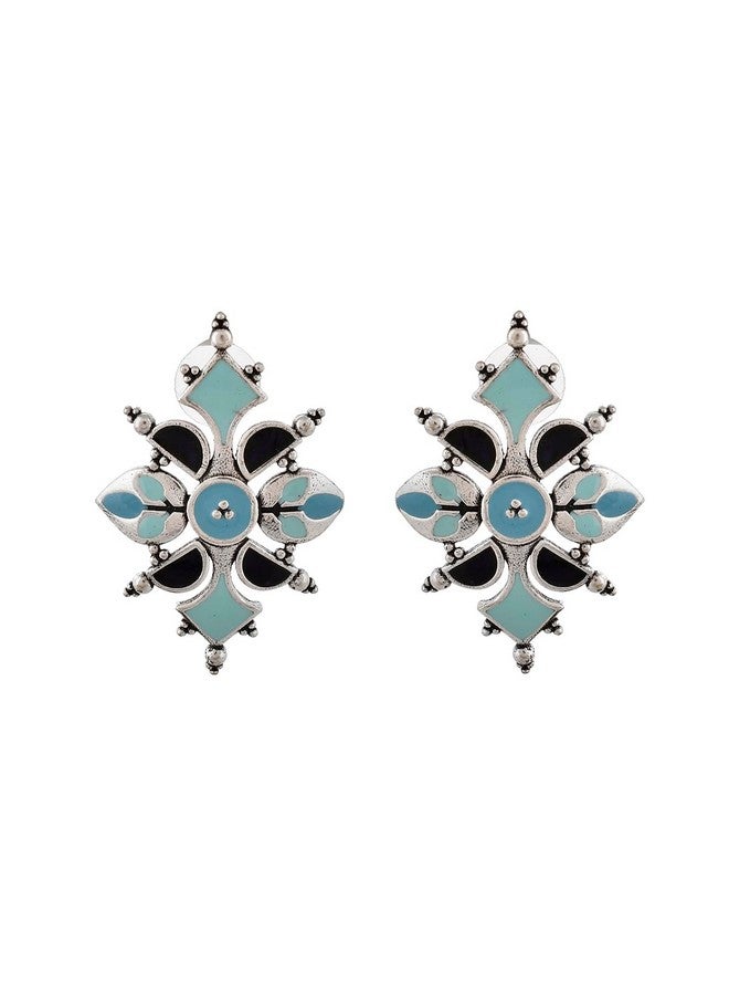 Voylla Brass Oxidised Dreamy Enamel Floral Shape Blue Earrings for Women and Girls - Image 1