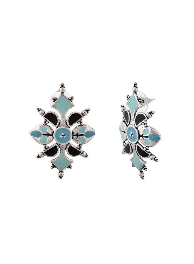 Voylla Brass Oxidised Dreamy Enamel Floral Shape Blue Earrings for Women and Girls - Image 4
