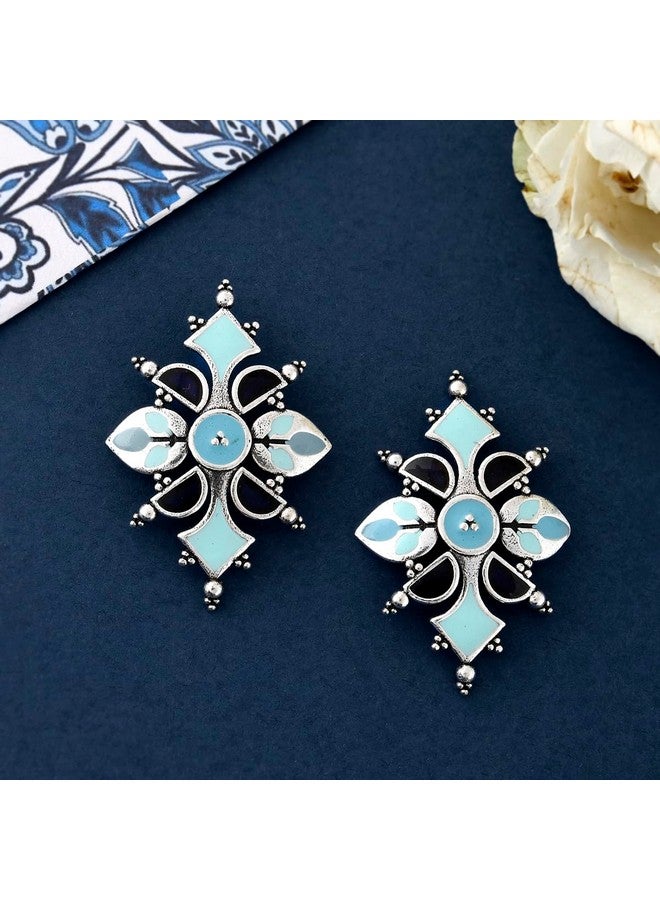Voylla Brass Oxidised Dreamy Enamel Floral Shape Blue Earrings for Women and Girls - Image 2