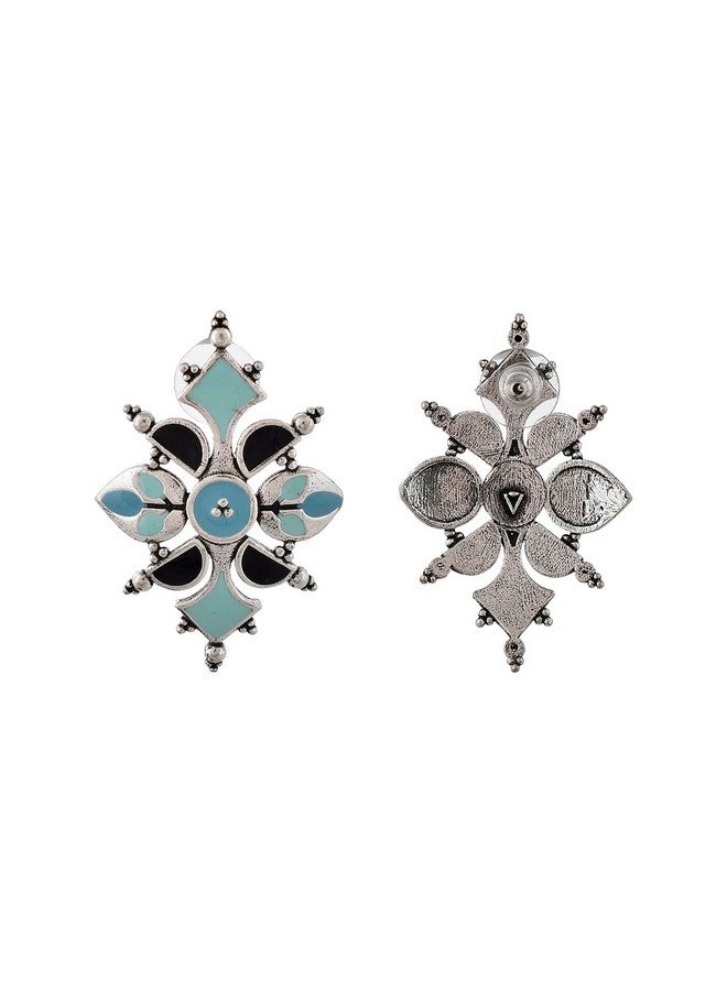 Voylla Brass Oxidised Dreamy Enamel Floral Shape Blue Earrings for Women and Girls - Image 5