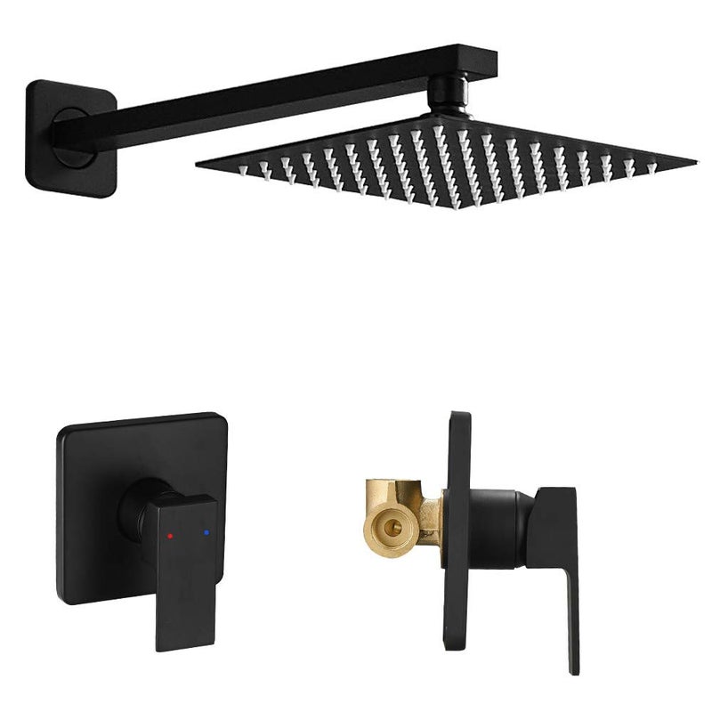 Heable Matte Black Shower Faucet Set Single Function Shower Trim Kit with Roughin Valve Square Rain Shower Head System Included Extra Long Shower Arm for Bathroom