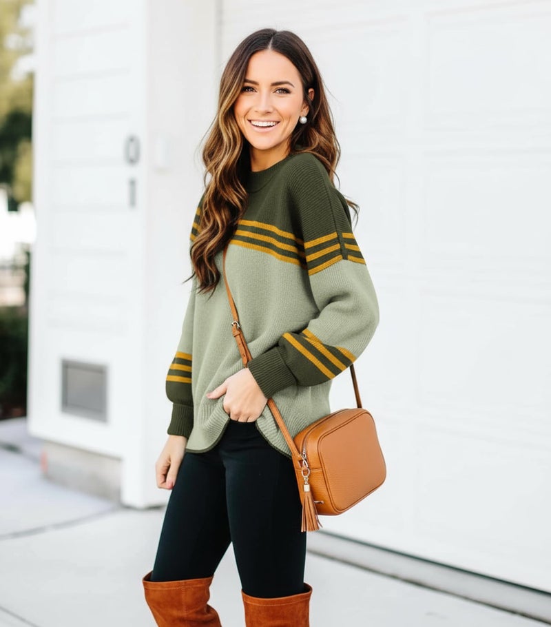 ETCYY Womens Sweaters Fall 2026 Batwing Long Sleeve Side Slit Knit Tops Crew Neck Striped Oversized Sweater Pullover,A Color Green,Medium - Image 4