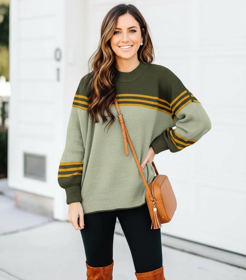 ETCYY Womens Sweaters Fall 2026 Batwing Long Sleeve Side Slit Knit Tops Crew Neck Striped Oversized Sweater Pullover,A Color Green,Medium - Image 2