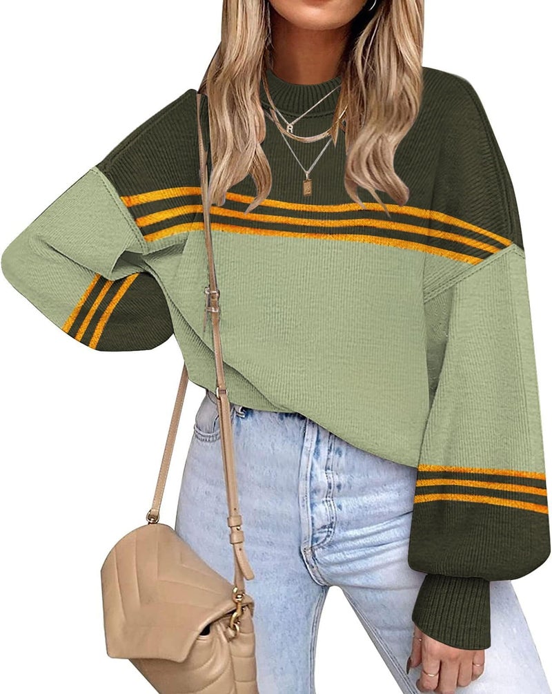 ETCYY Womens Sweaters Fall 2026 Batwing Long Sleeve Side Slit Knit Tops Crew Neck Striped Oversized Sweater Pullover,A Color Green,Medium - Image 1