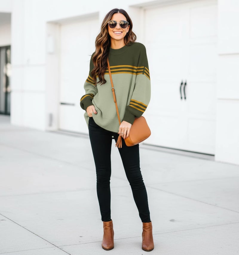 ETCYY Womens Sweaters Fall 2026 Batwing Long Sleeve Side Slit Knit Tops Crew Neck Striped Oversized Sweater Pullover,A Color Green,Medium - Image 5